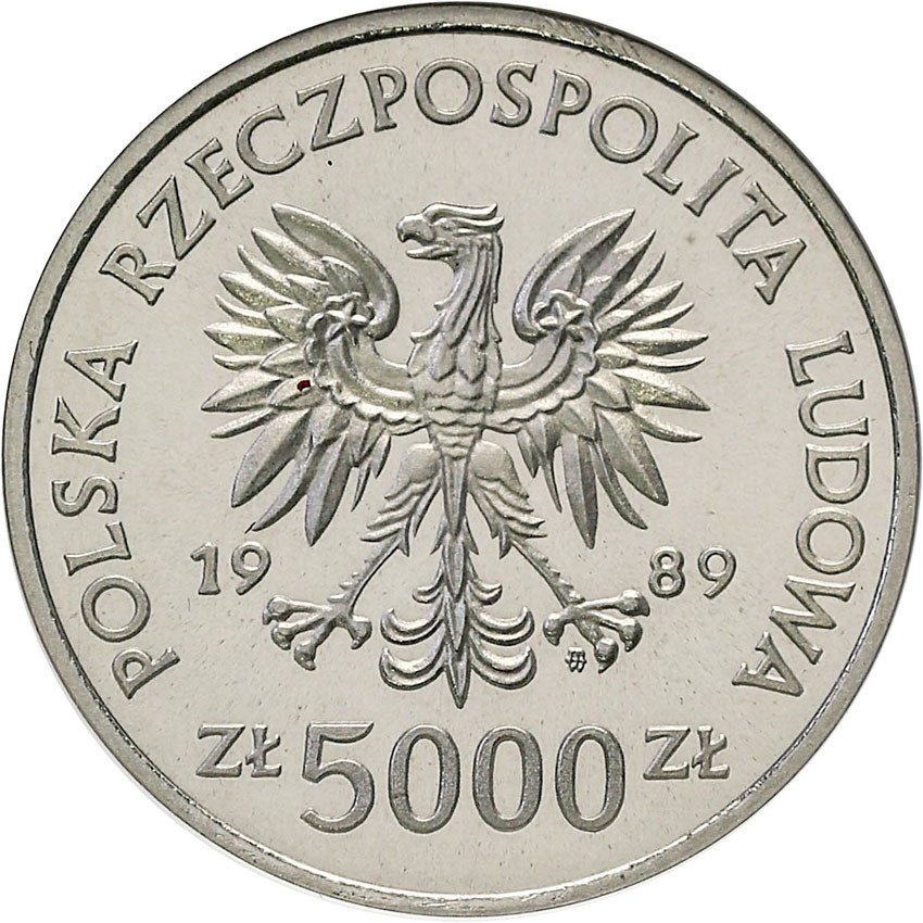 PRL. PRÓBA Nikiel 5.000 złotych 1989 Jagiełło półpostać